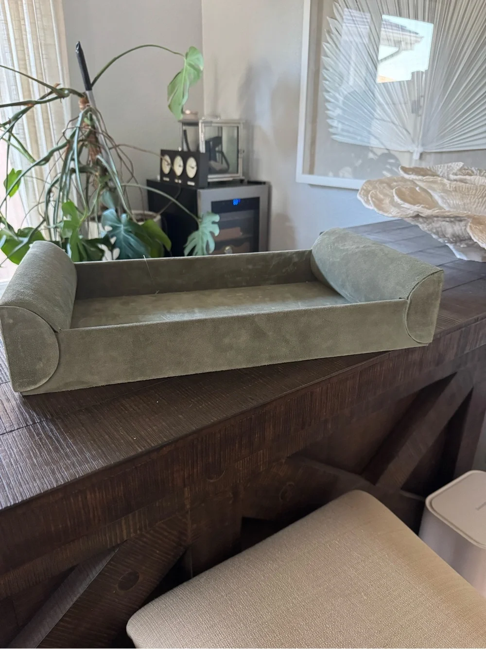 Crate&Barrel Ruff Green Suede Decorative Tray by Brigette Romanek